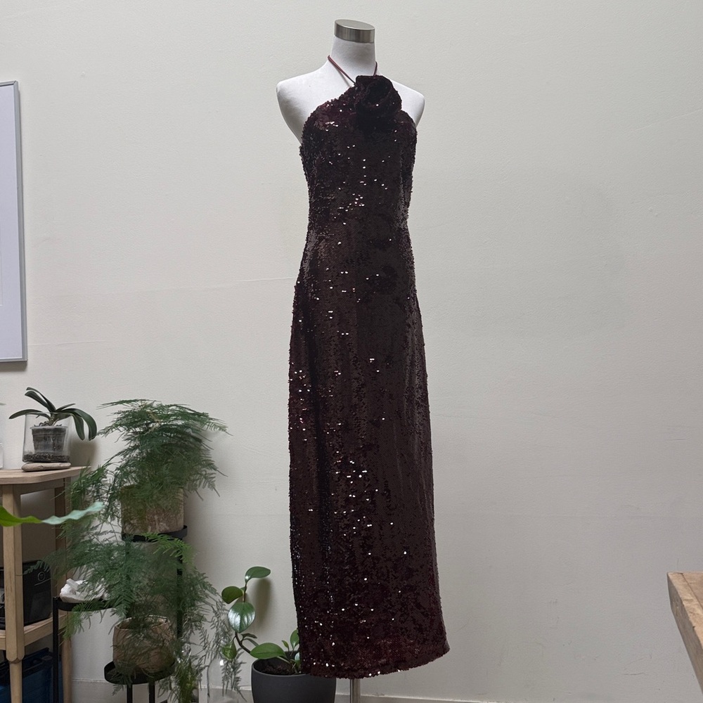4th & Reckless NWOT Burgundy Stacey Sequin Halter Maxi Dress Gown